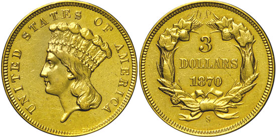 1870-S Three Dollar Gold Piece